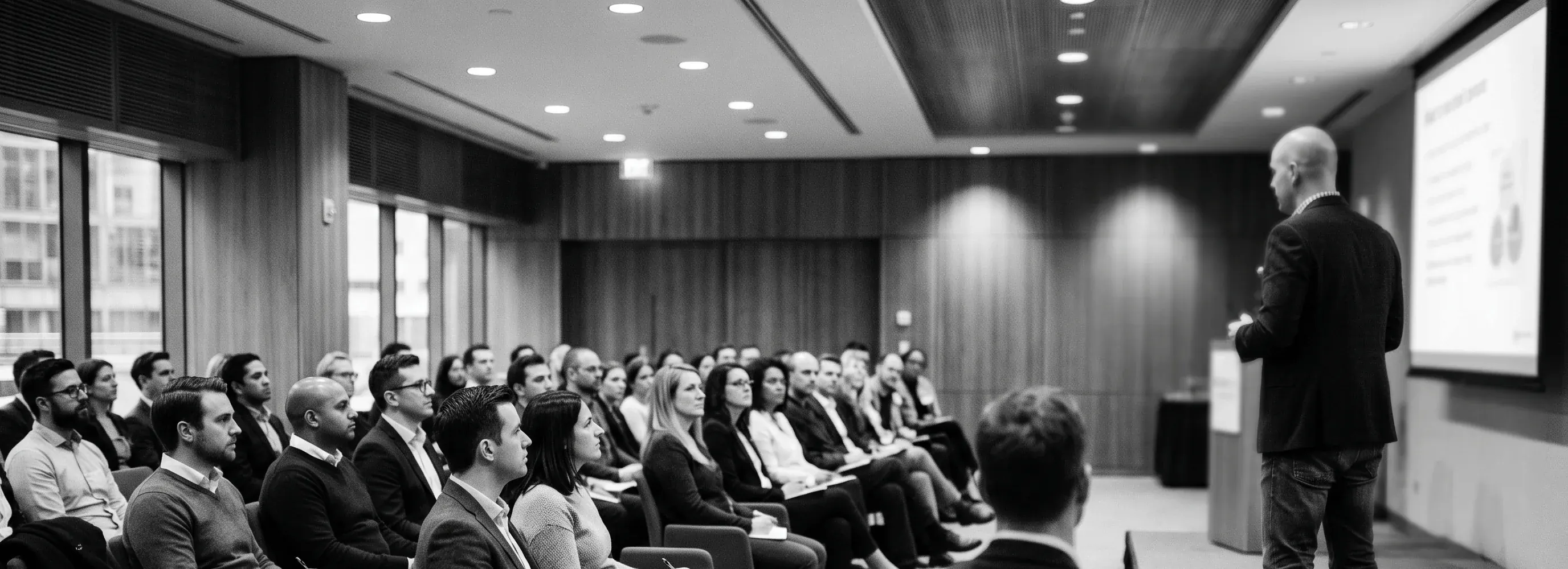 A trainer presenting to a seated audience of professionals in an AI enablement session